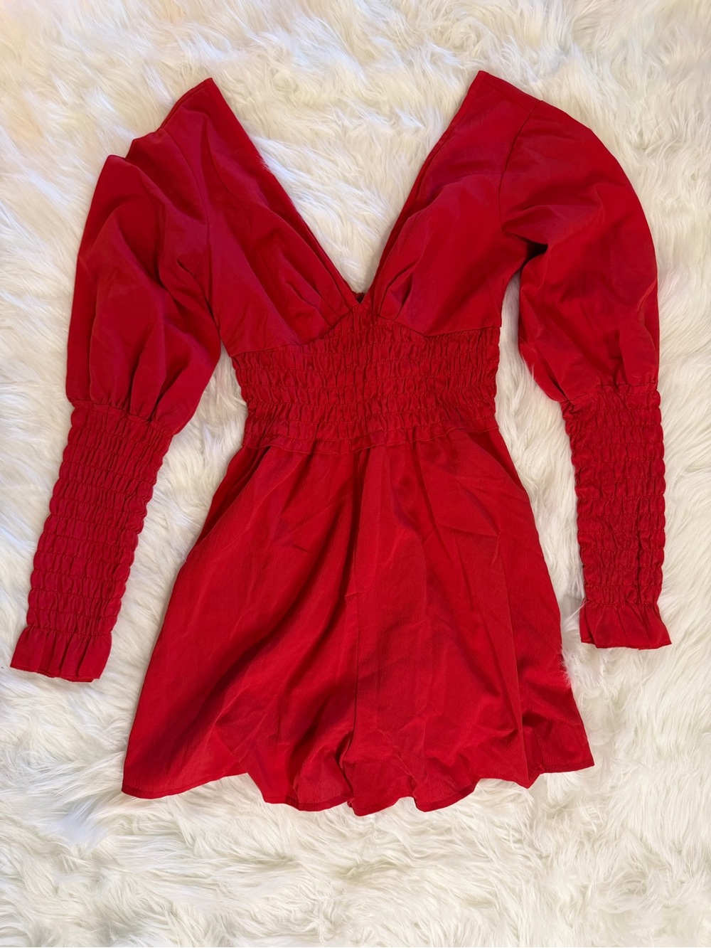 ASOS Red Plunge Neck Smocked Waist Long Sleeve Romper US 2 - Picture 2 of 13